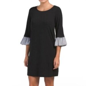 PLEIONE x ANTHROPOLOGIE | Woman's Black White Checkered Bell Sleeve Dress, S